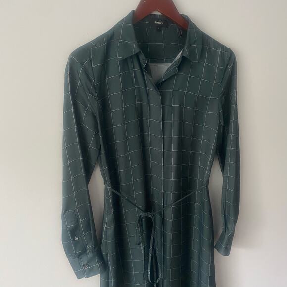 Theory Belted Shirt Dress Maxi in Petrol Multi Graphic Grid Print Small Petite - Picture 4 of 9